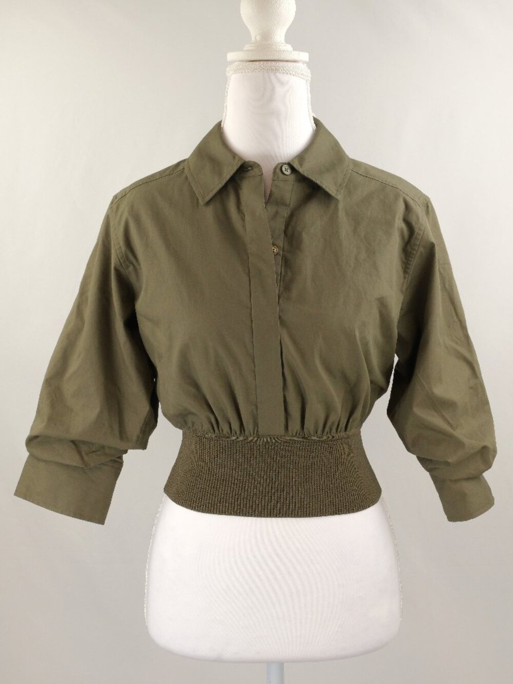 Simkhai Stiles Cotton Cropped Collared Button Down Shirt, Olive Green, XS